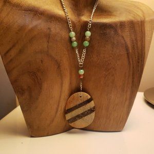 HAND CRAFTED LONG NECKLACE SILVER PLATE CHAIN WITH BEADS AND STRIPED STONE